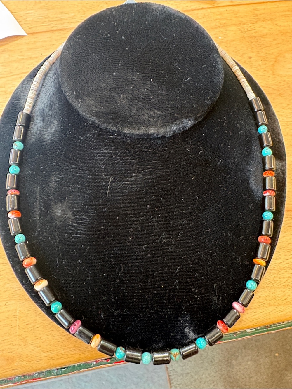 Native  American, necklace of jet, turquoise, coral, and spiny oyster